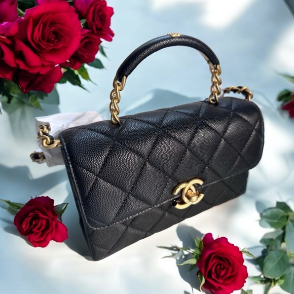 CHANEL 23S Classic Top  Handle Flap Black Caviar Leather Gold HWR Small Bag! - Picture 9 of 16